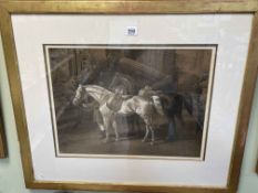 Groom and Two Horses outside a Country House, watercolour, initialled EH lower left, 36cm by 48.