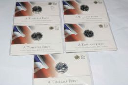 Collection of five silver proof Royal Mint £20 coin packs 'A Timeless First 2013'.