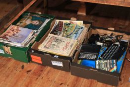 Two boxes of magazines, vintage computer accessories, cassette tapes, etc.