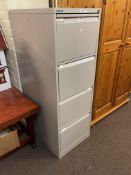 Bisley four drawer filing cabinet and keys, 132cm by 47cm by 62cm.
