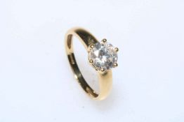 1.5 carat cubic zirconia solitaire 9 carat gold ring, size M.