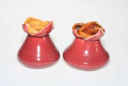 Pair Linthorpe Pottery Chr Dresser vases with folded over rims, 8cm.