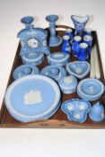 Collection of Wedgwood blue Jasperware and other blue and white pieces.