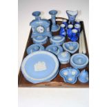 Collection of Wedgwood blue Jasperware and other blue and white pieces.