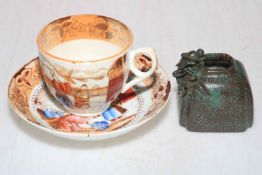 Chinese brush washer with applied dragon and 19th Century cup and saucer.