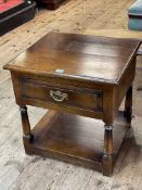 Oak single drawer lamp table with undershelf, 56cm by 55cm by 48cm.