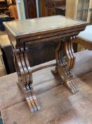 Nest of three mahogany lyre end tables (largest 58.5cm by 48.5cm by 34.5cm).