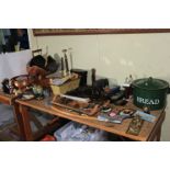 Collection of metal and wood wares including copper coal scuttle, enamel bread bin, cloisonné vases,