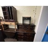 Oak buffet sideboard, gate leg dining table and two drawer side table,