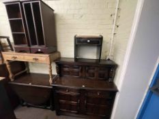 Oak buffet sideboard, gate leg dining table and two drawer side table,