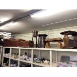 Set of three graduated wicker trunks, oak plant stand and similar planter, ½ barrel storage table,