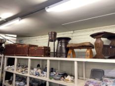 Set of three graduated wicker trunks, oak plant stand and similar planter, ½ barrel storage table,