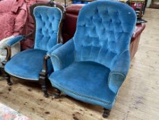 Victorian open armchair and early 20th Century armchair in turquoise buttoned fabric.