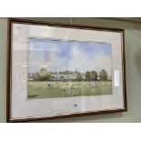 Eric Thompson, Match at Shildon BR cricket ground, watercolour, 35cm by 54cm, in glazed frame.