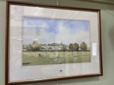 Eric Thompson, Match at Shildon BR cricket ground, watercolour, 35cm by 54cm, in glazed frame.