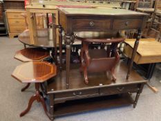 Mahogany twin pedestal extending dining table and leaf together with a set of four Chippendale