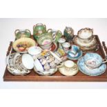 Tray lot with decorative cups and saucers, vases and small Orchard Gold tazza.