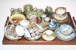 Tray lot with decorative cups and saucers, vases and small Orchard Gold tazza.