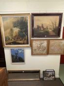 Two framed oils, four framed needleworks, two prints,