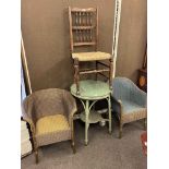 Lloyd Loom circular table and two bedroom chairs and rush seated Country chair (4).