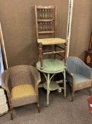 Lloyd Loom circular table and two bedroom chairs and rush seated Country chair (4).