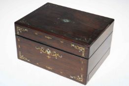 Victorian brass and mother of pearl inlaid rosewood dressing box with silver mounted toilet bottles,