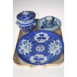 Oriental blue and white wares including charger, two fish dishes and lidded pot.