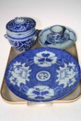 Oriental blue and white wares including charger, two fish dishes and lidded pot.