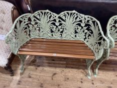 Coalbrookedale style green painted two seater garden bench, 118cm wide.