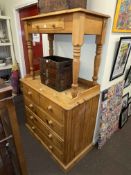 Pine chest of two short above three long drawers with gallery back and pine turned leg side table