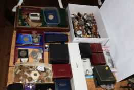 Collection of Worldwide coins including pre-1947 silver, medallions, wristwatches, pens, etc.