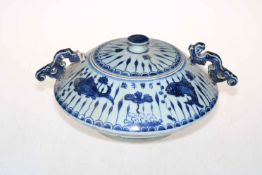 Chinese blue and white two handle dish and cover, decorated with fish, 26cm diameter.