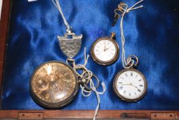 Victorian silver gents pocket watch, Chester 1881, two silver fob watches and medallion (4).