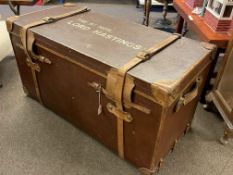 Drew & Sons Piccadilly Circus wood fibre and leather bound travelling trunk with reference to the