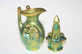 Zsolnay green lustre jug with relief maidens, 16cm and fountain piece (2).