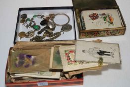 Two tins with postcards and box with jewellery.