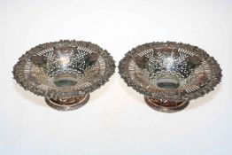 Pair silver on copper tazza with pierced and raised decoration, 24cm diameter.