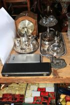 Collection of silver plated wares including serving tray, carving set, cutlery, wine coasters etc,