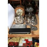 Collection of silver plated wares including serving tray, carving set, cutlery, wine coasters etc,