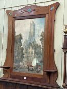 Large watercolour of Belgium street scene in Art Nouveau styled mahogany frame,