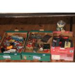 Three boxes of model railway, model vehicles, jar of marbles, etc.