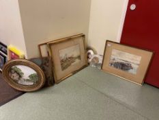 Collection of watercolours, unframed oils, two gilt framed oval porcelain plaques, etc.