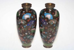 Pair tall Cloisonne vases with fan decoration, 25.5cm.