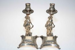 Good quality pair of silver plated figure candlesticks, featuring maiden in flowing gown, 32.5cm.