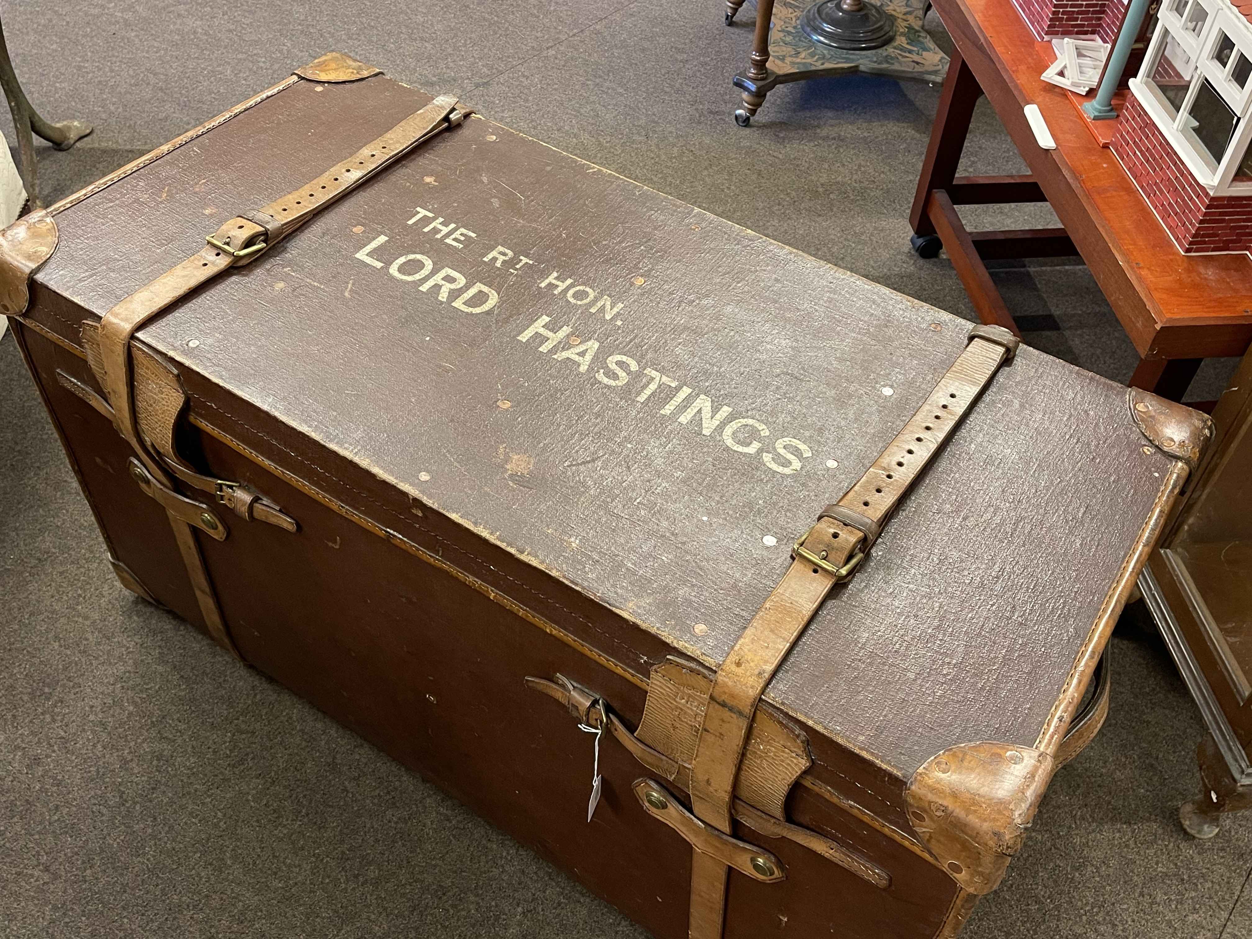 Drew & Sons Piccadilly Circus wood fibre and leather bound travelling trunk with reference to the - Image 2 of 3