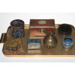 Cloisonne vase and three boxes, jewellery box, brass bell, etc.