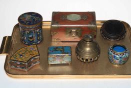 Cloisonne vase and three boxes, jewellery box, brass bell, etc.