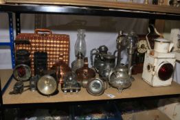 British Rail lamp, cycle lamp, various other lamps, two vintage oil cans, mantel clock, oil lamp,