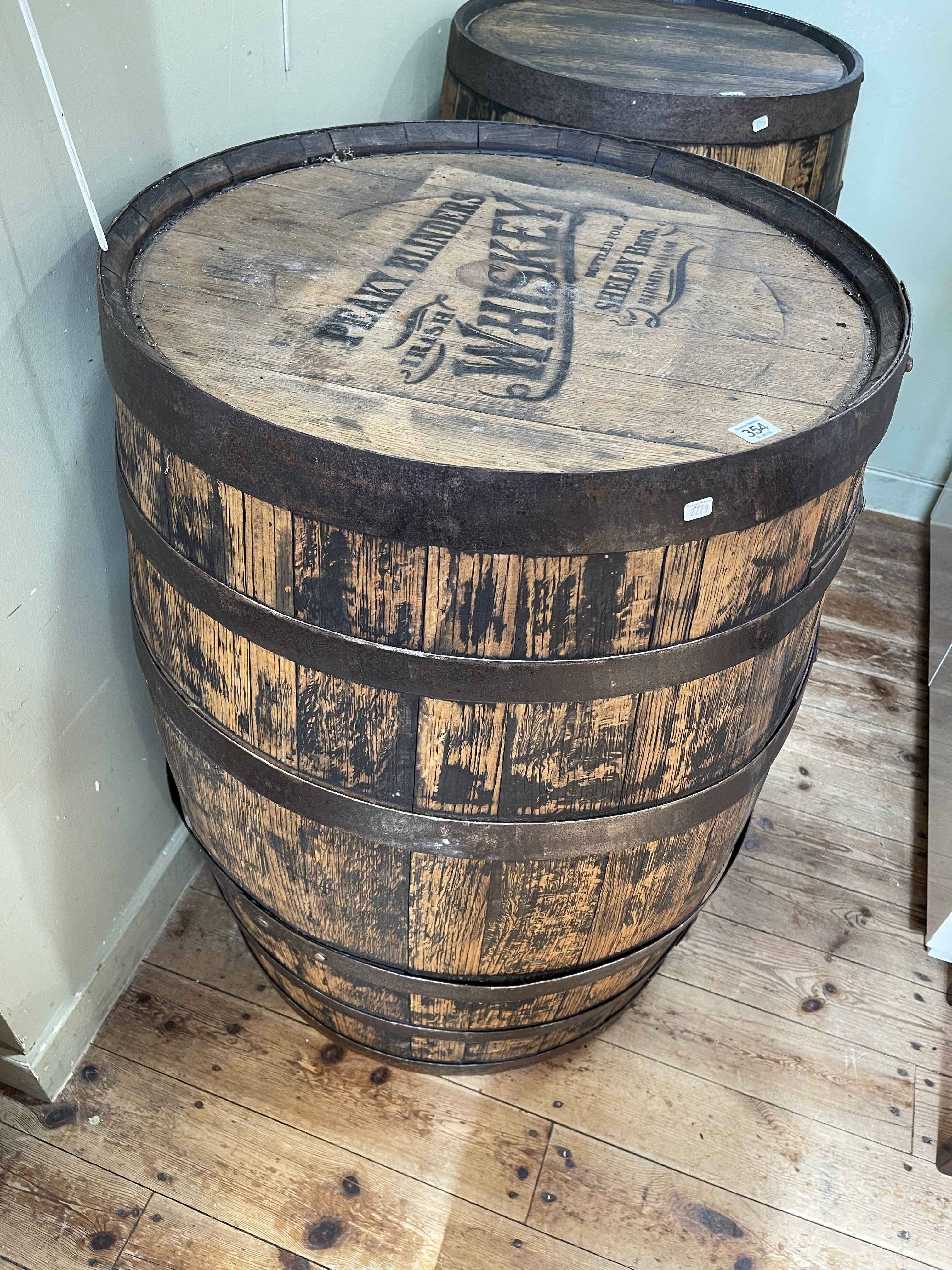 Oak and metal bound coopered barrel with Peaky Blinder whiskey stamp.