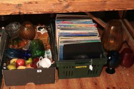 Box of LP records and a box of glass, porcelain, etc.